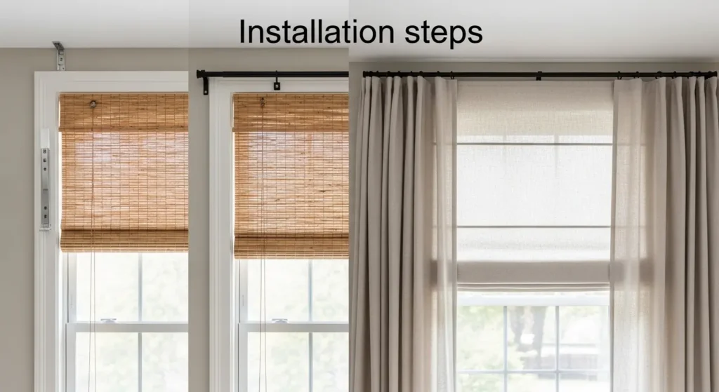 Woven wood shades linen drapes