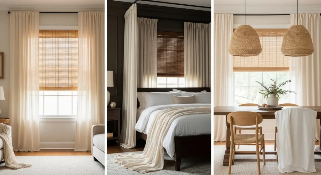 Woven wood shades linen drapes
