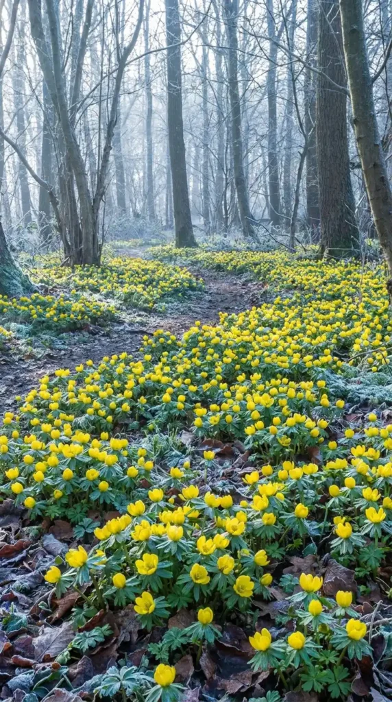 Yellow winter aconites blooming