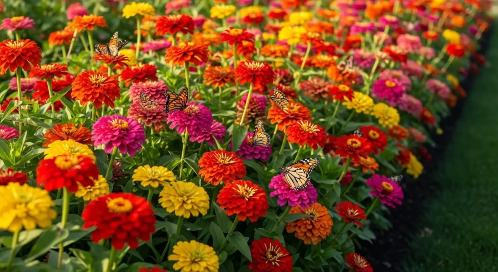 Zinnias in full bloom butterflies