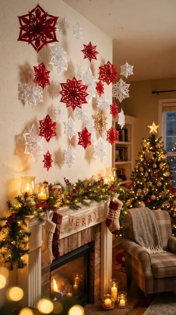 3D paper snowflakes on wall