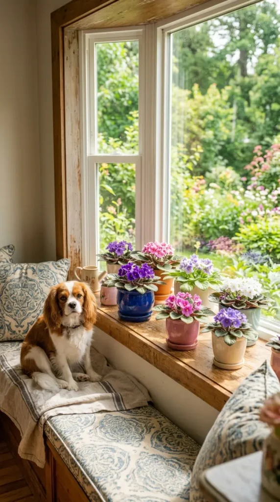 African violets and dog