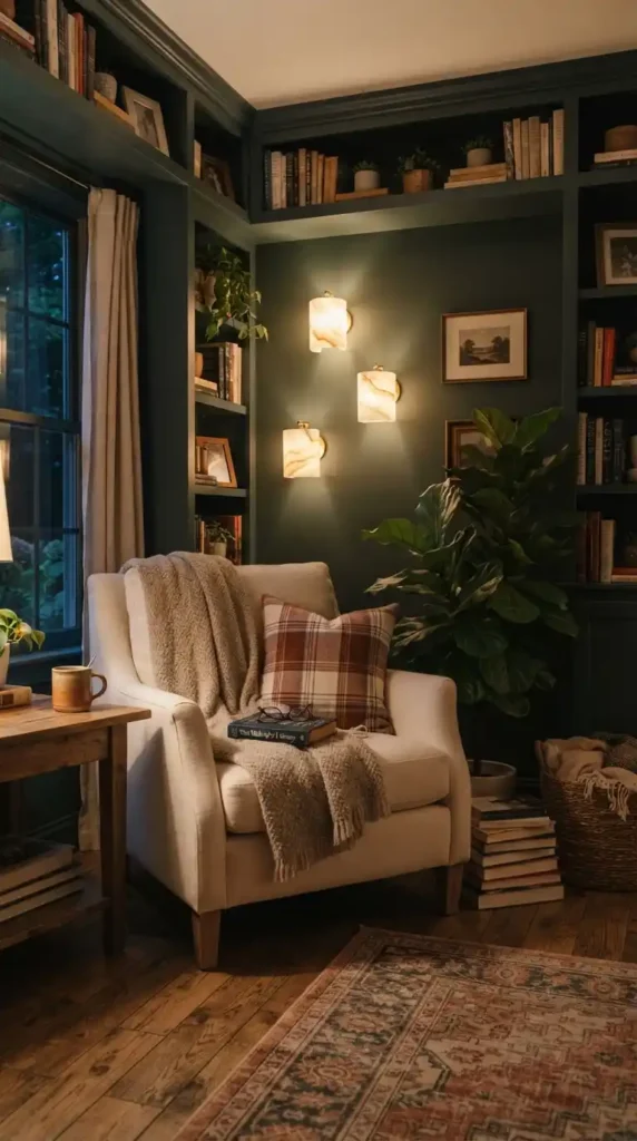 Alabaster sconces in reading nook