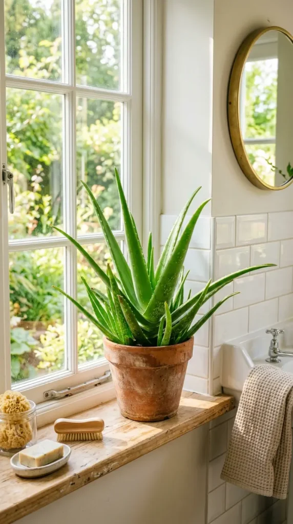Aloe vera on bathroom windowsill