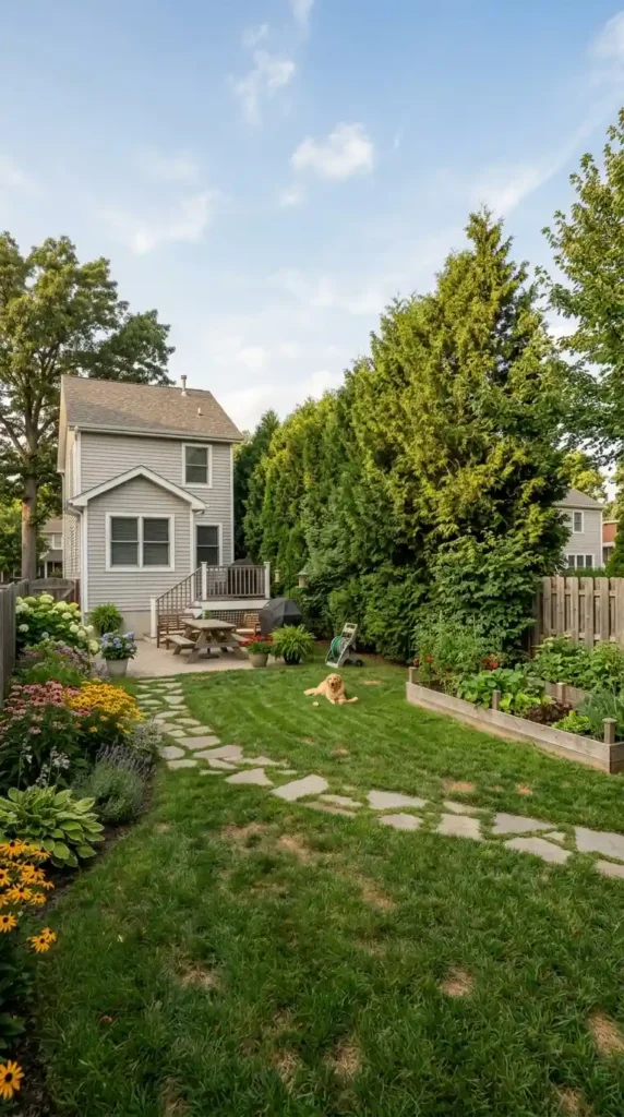 American backyard with evergreen