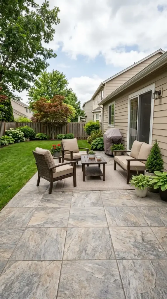 Backyard patio with porcelain tiles