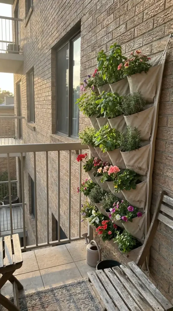 Balcony wall with fabric pocket