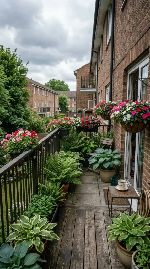 Balcony with ferns hostas impatiens