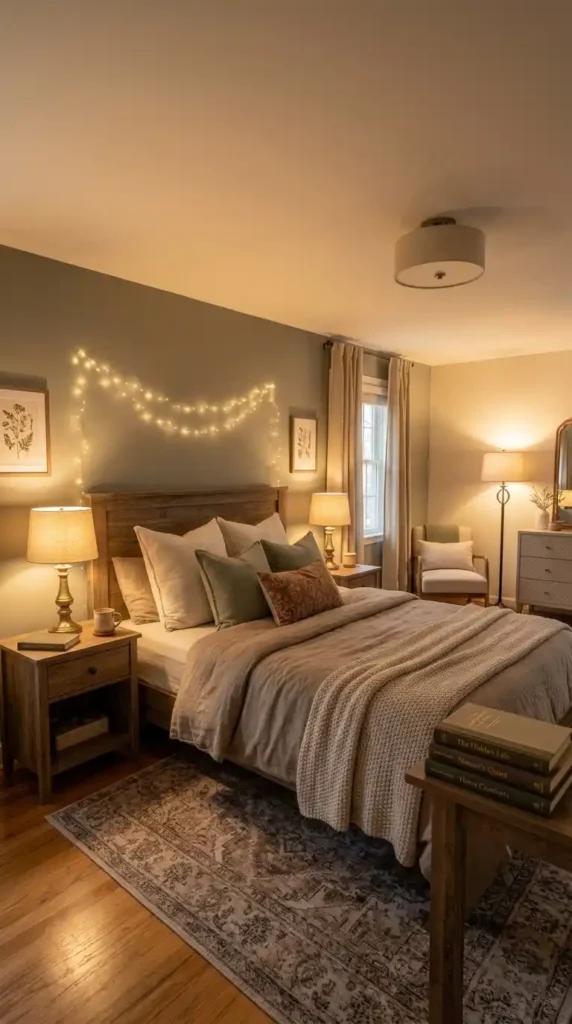 Bedroom layered lighting warm