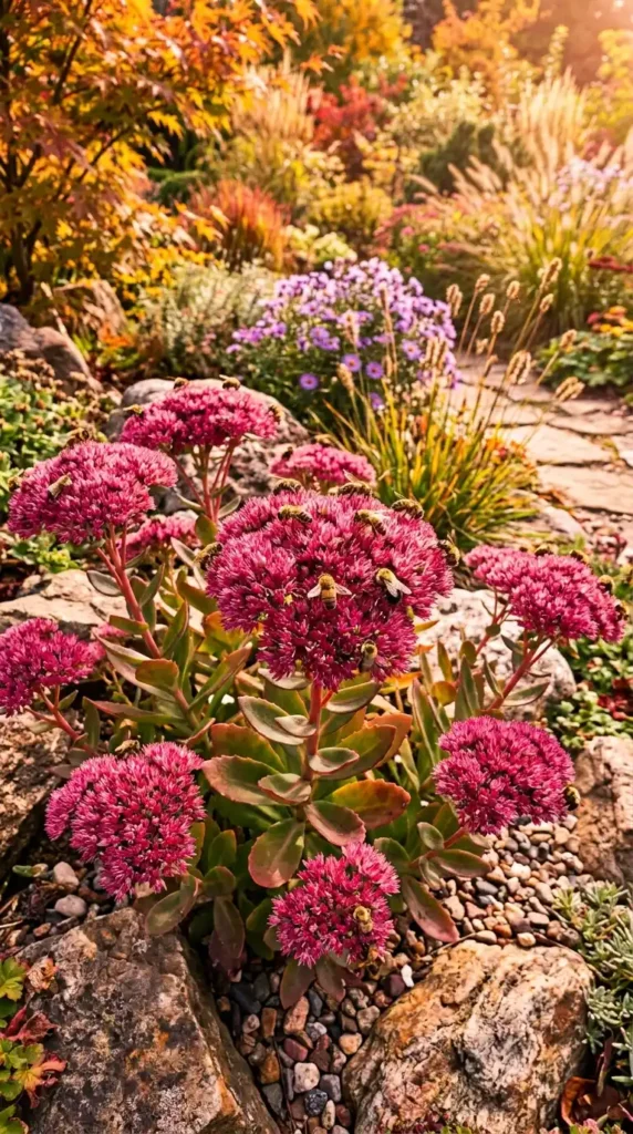 Bees on sedum flower clusters