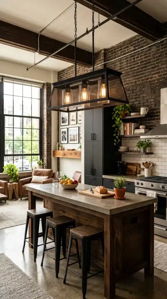 Black pendant light above island