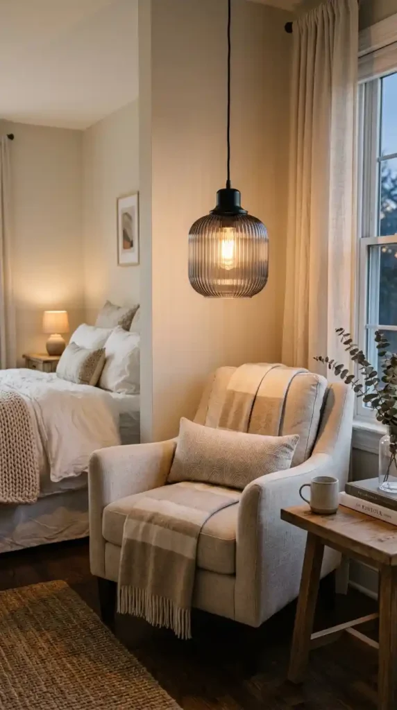 Black pendant light beside armchair