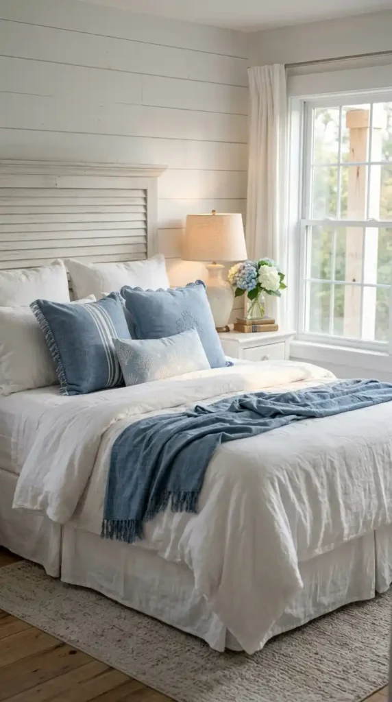 Blue accent pillows on bed