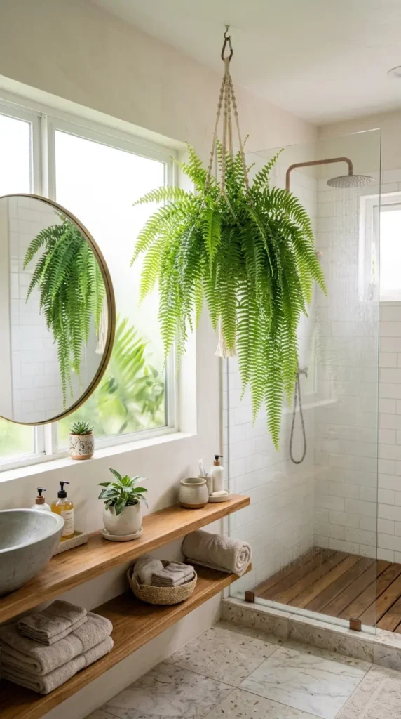 Boston fern hanging in bathroom