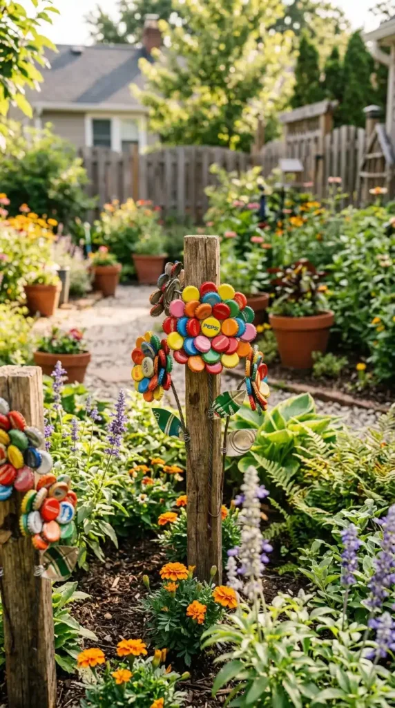 Bottle cap flowers on stake