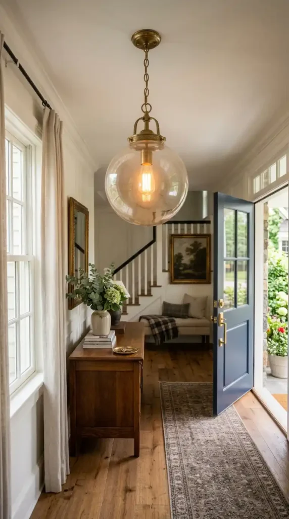 Brass globe pendant light entryway