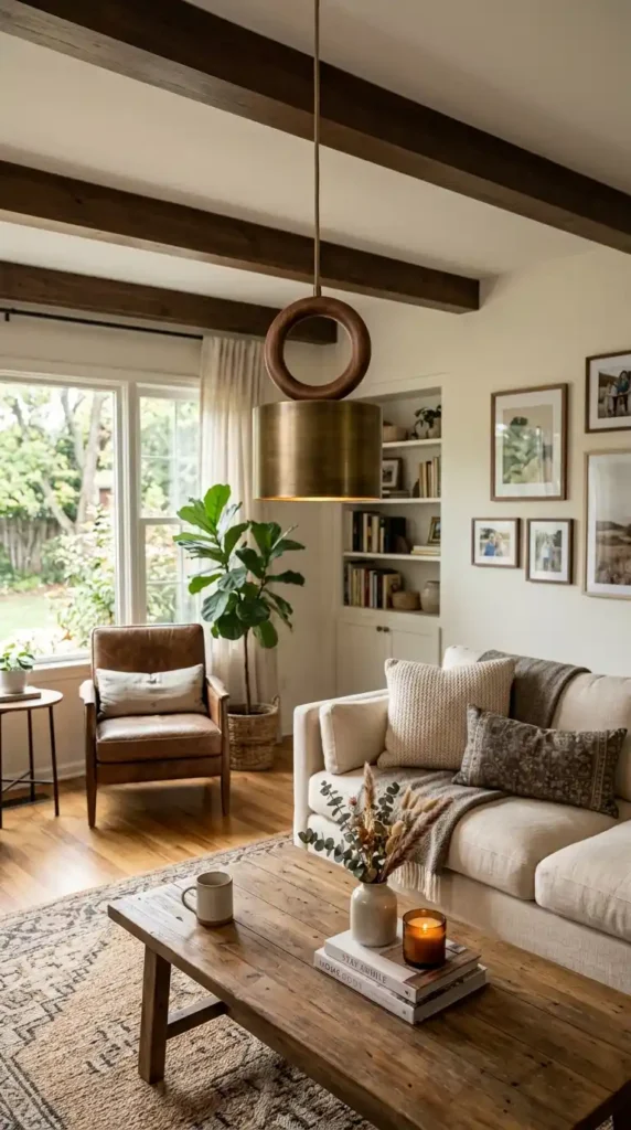 Brass pendant light wood accent