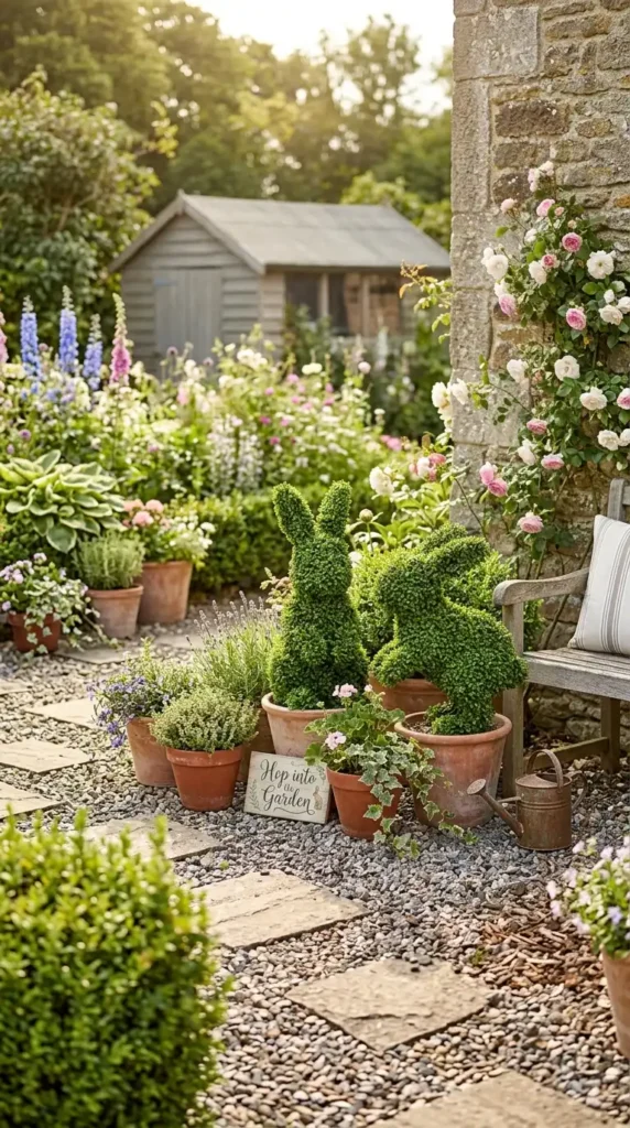 Bunny topiaries in garden