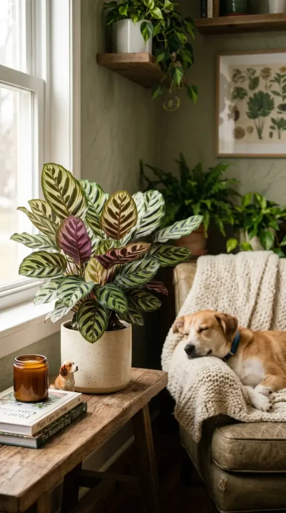 Calathea plant and dog