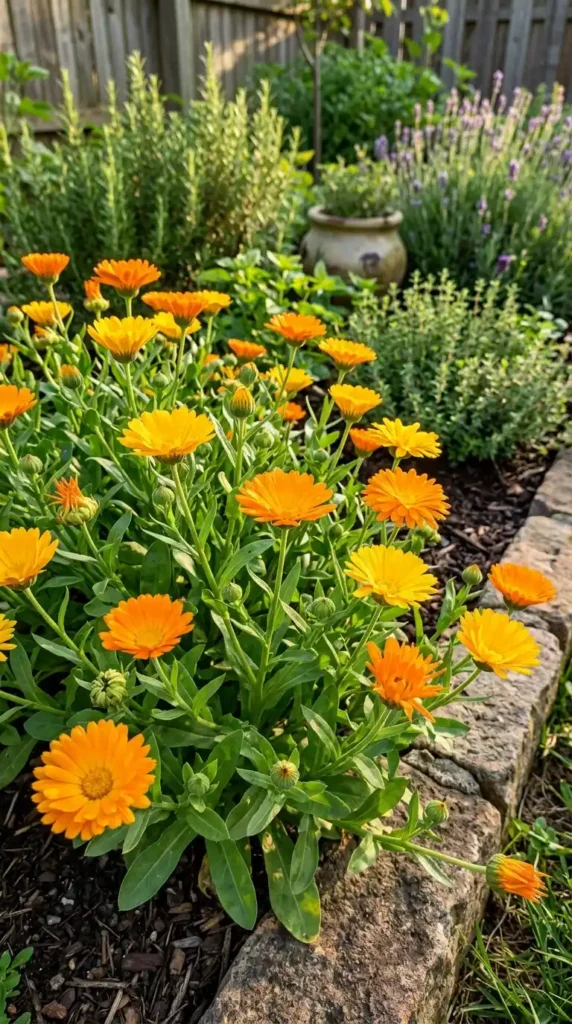 Calendula flowers in herb garden