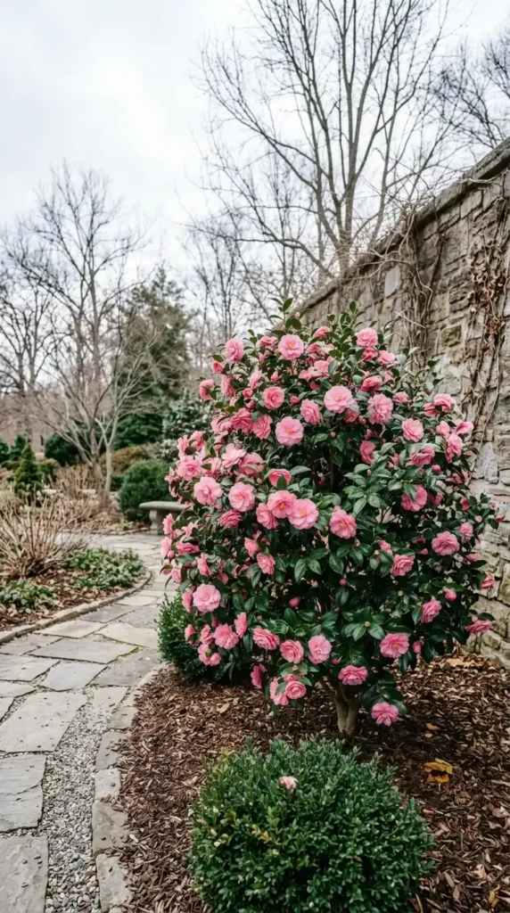 Camellia bush with pink blooms