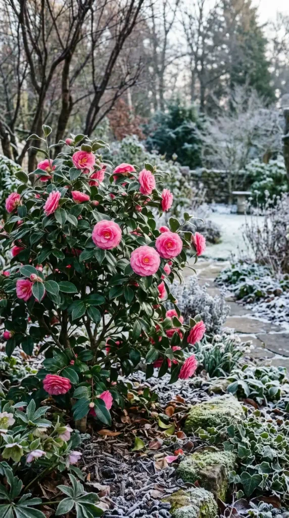 Camellia shrub with pink blooms