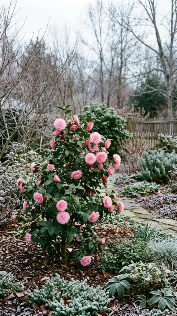 Camellia shrub with pink blooms
