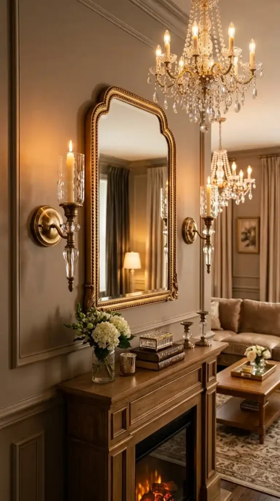 Candle sconces flanking mirror