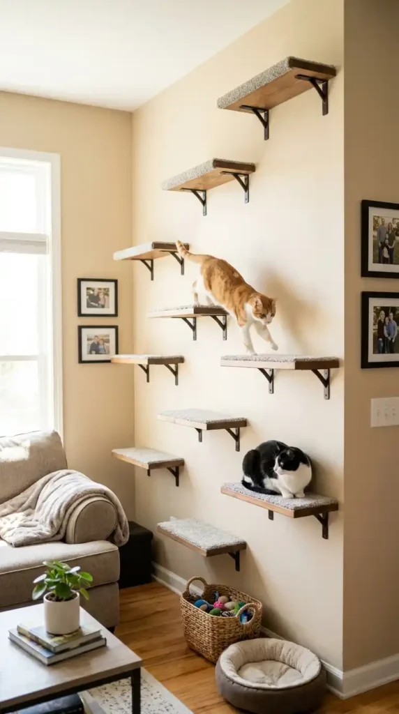 Cat jumping on DIY shelves