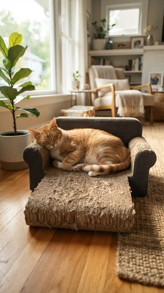 Cat lounging on sofa scratcher