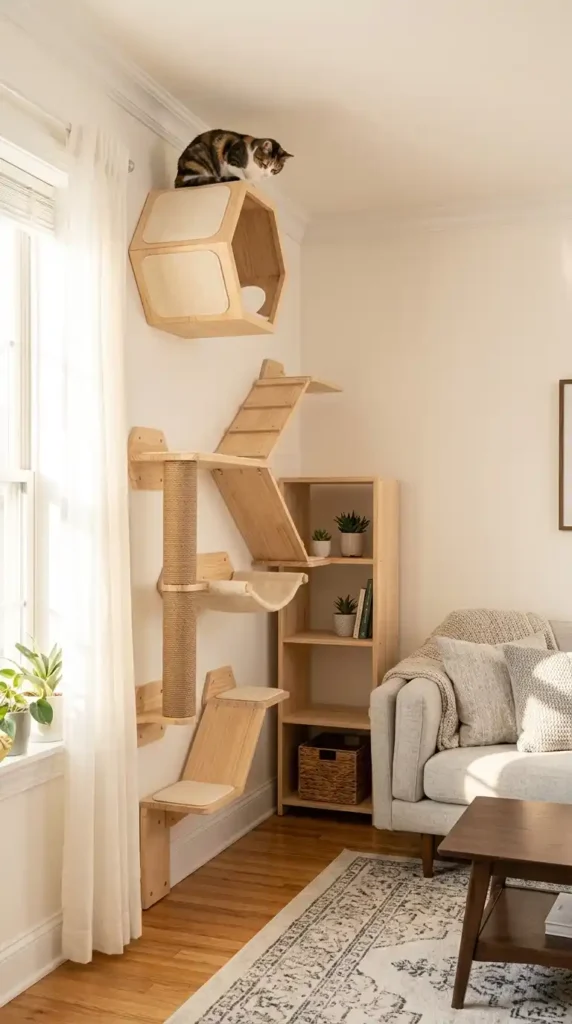 Cat on modern shelves