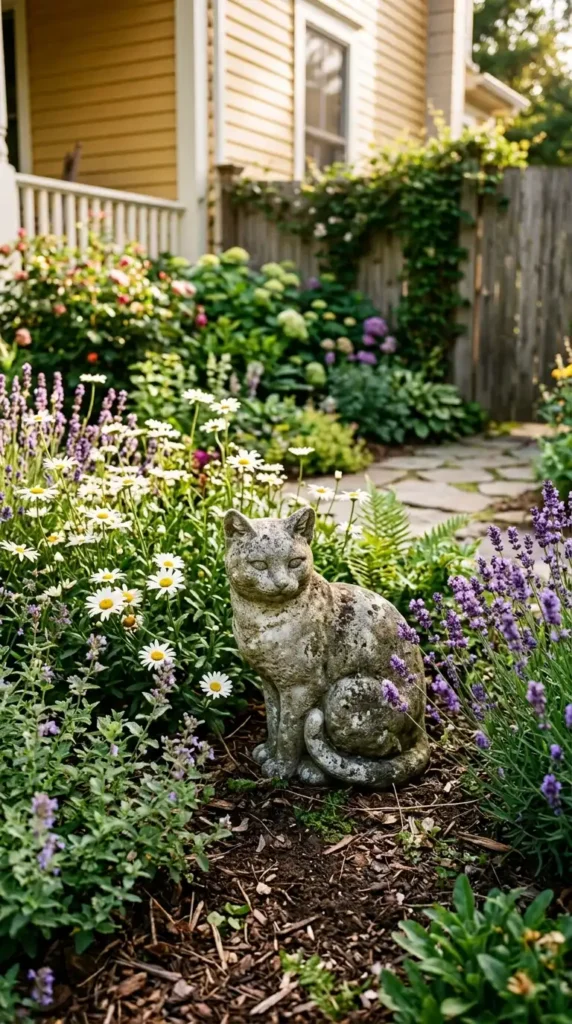 Cat statue in flower bed