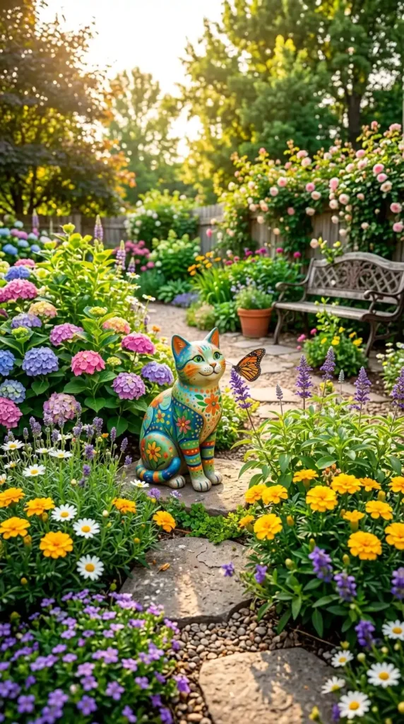 Cat statue with butterfly garden