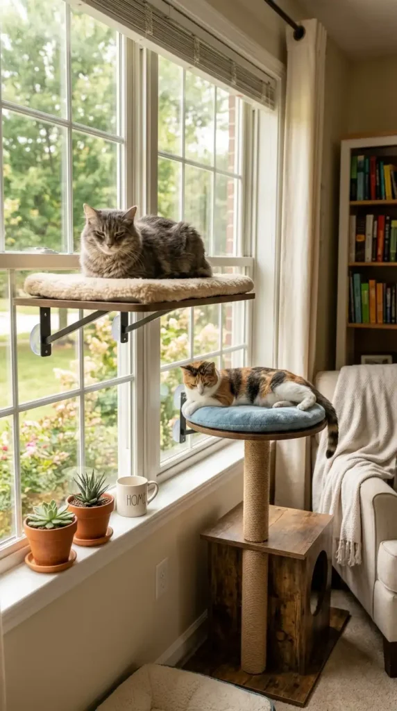 Cats lounging in window perches