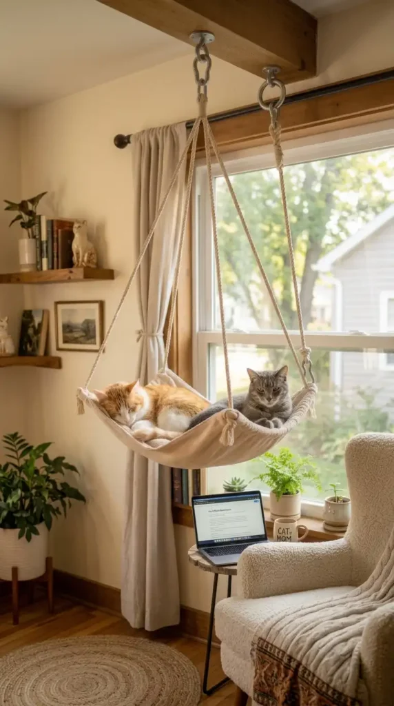 Cats lounging on hammock