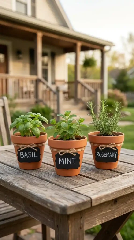 Chalkboard plant labels on patio