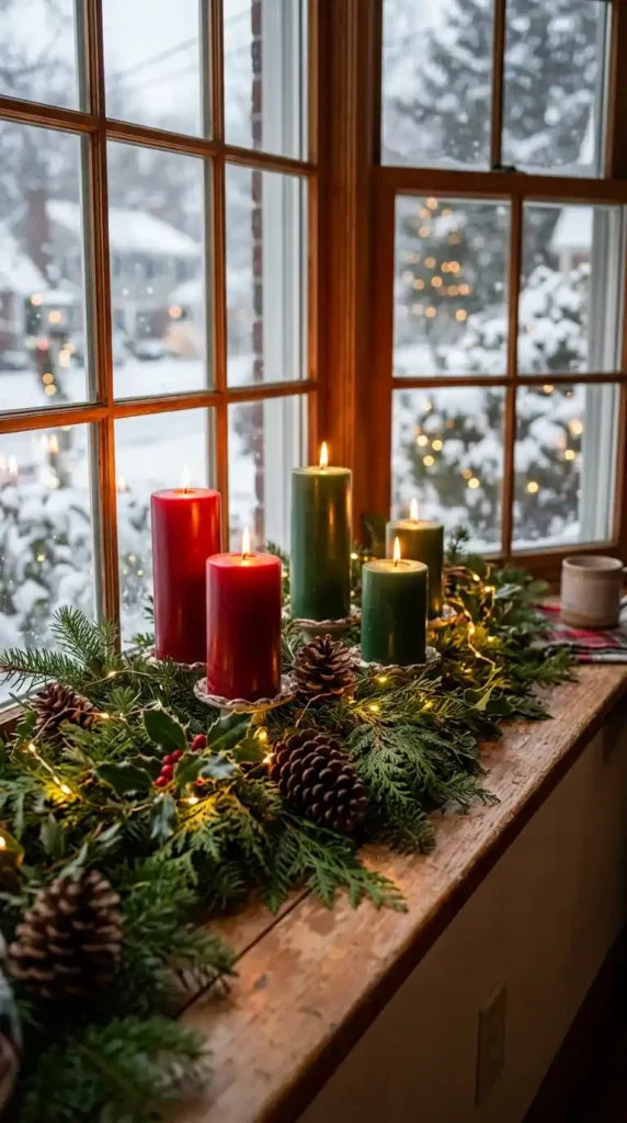 Christmas candle display windowsill