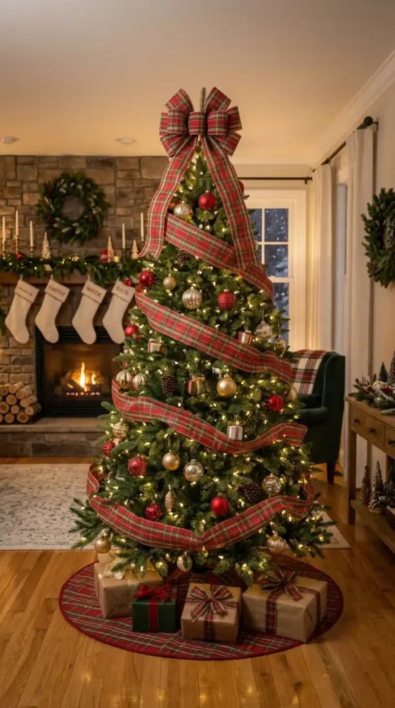 Christmas tree with plaid ribbons