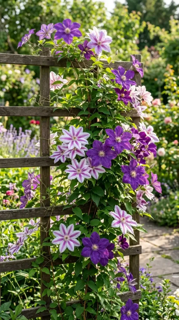 Clematis blooms on wooden trellis