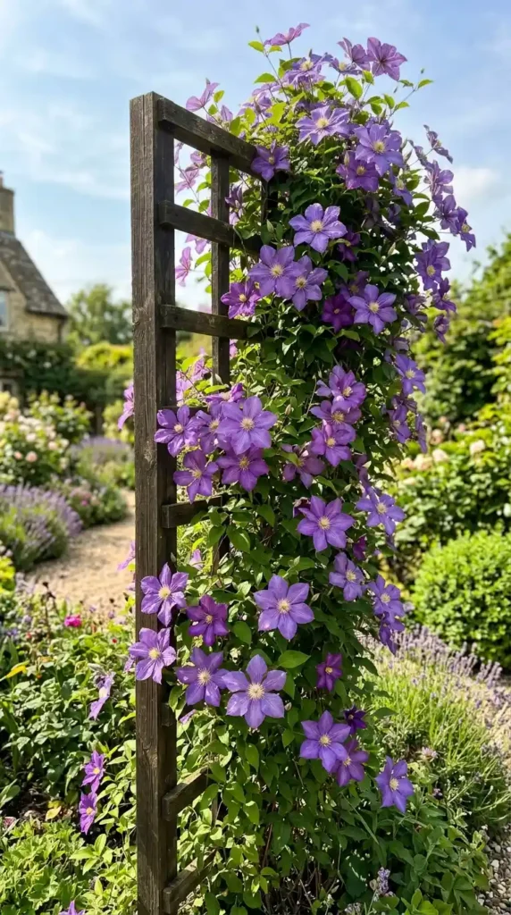 Clematis flowers on wooden trellis