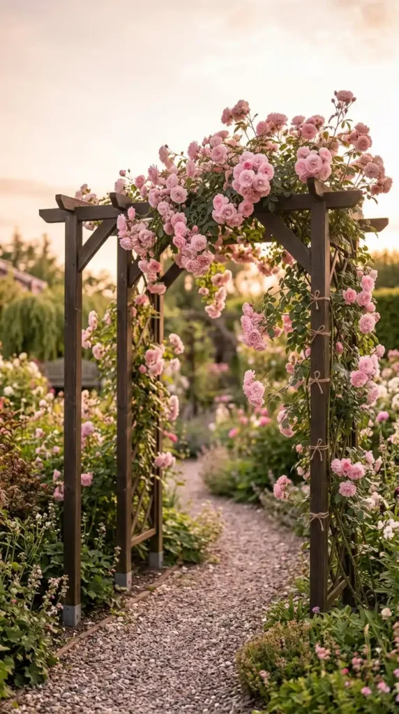 Climbing roses on garden arch