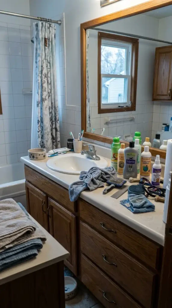 Cluttered bathroom counter dog