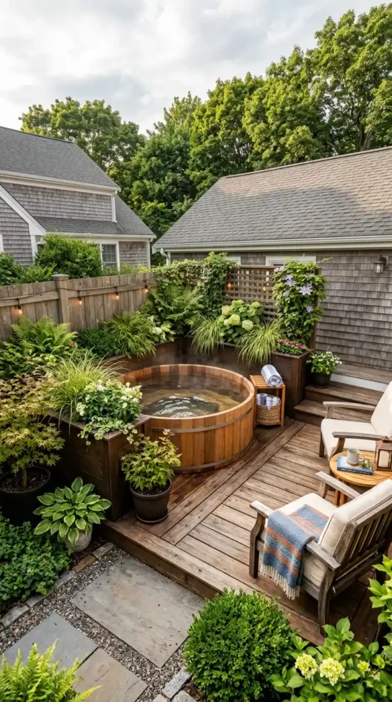 Compact hot tub backyard corner