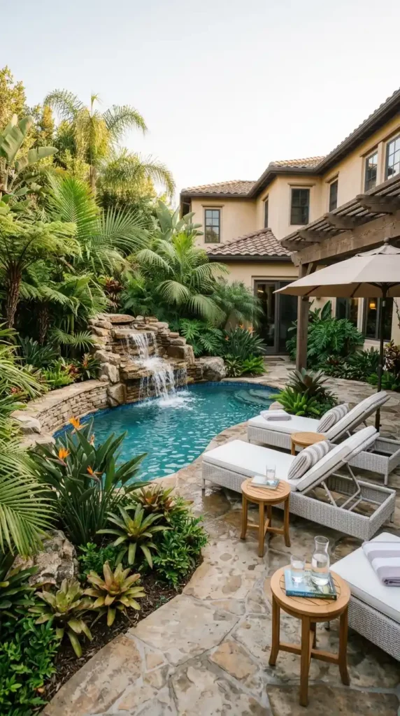 Corner pool stone waterfall