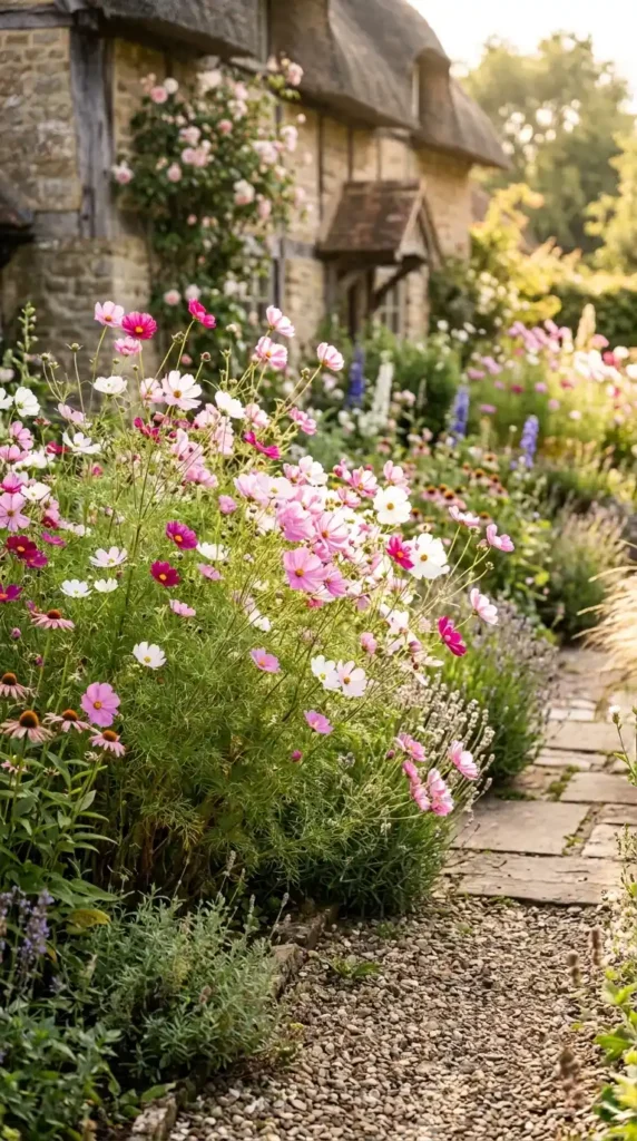 Cosmos flowers in sunny garden