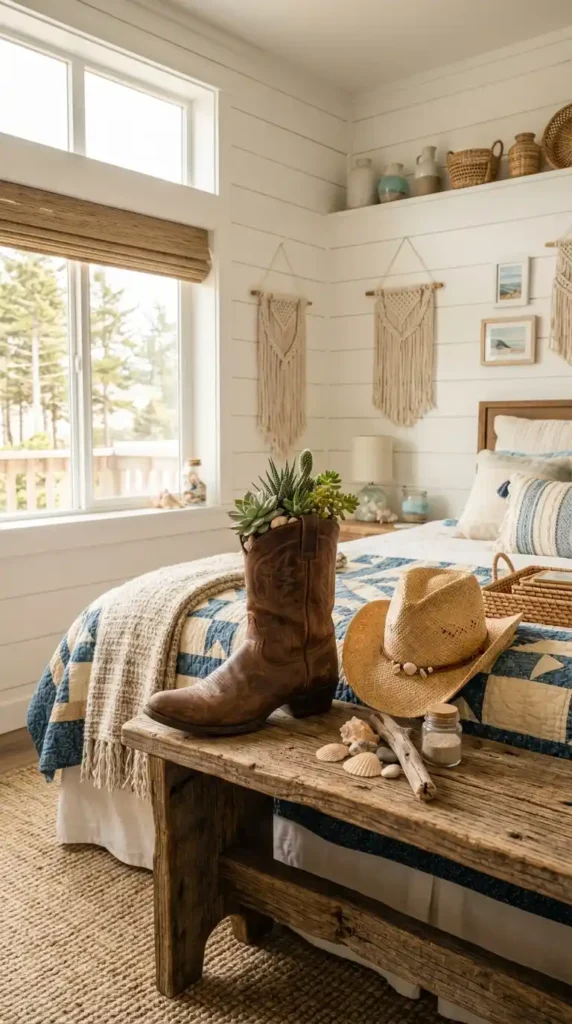 Cowboy boot planter on shelf