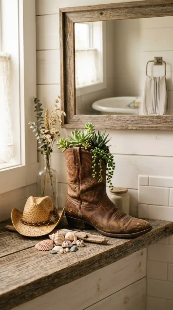 Cowboy boot planter on shelf