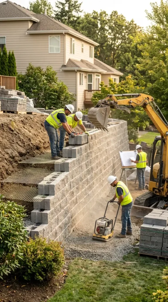 Crew building tall retaining wall