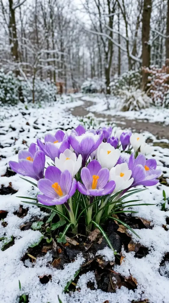 Crocus flowers pushing through snow