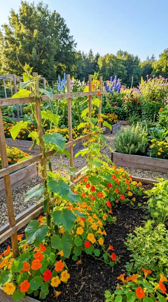 Cucumbers and nasturtiums garden